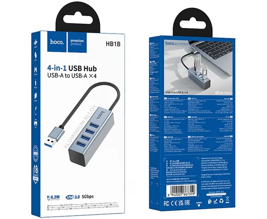Переходник HUB Hoco HB1B 4in1 (USB to 4xUSB 3.0) (1m) Metal gray