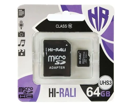Карта памяти Hi-Rali microSDXC (UHS-3) 64 GB Card Class 10 с адаптером Черный