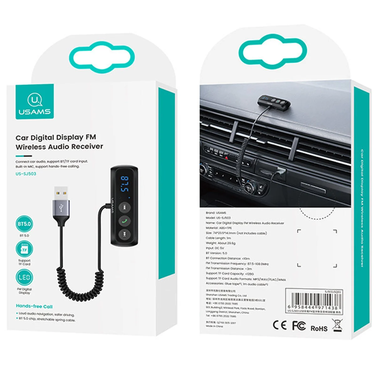 FM модулятор USAMS US-SJ503 Car Digital Display BT5.0 Черный