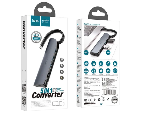 Переходник HUB Hoco HB13 Type-C Серый