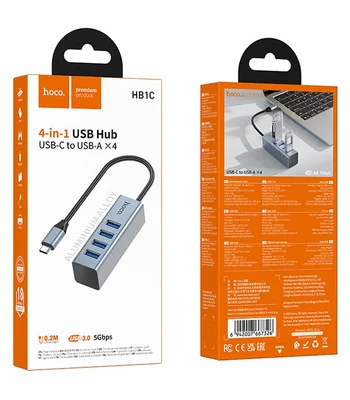 Переходник HUB Hoco HB1C 4in1 (Type-C to 4xUSB 3.0) (0.2m) Metal gray
