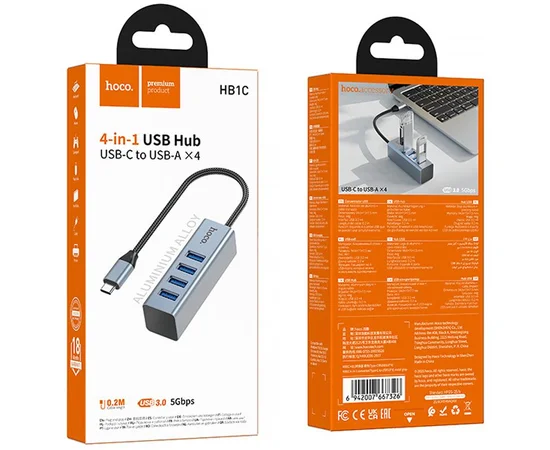 Переходник HUB Hoco HB1C 4in1 (Type-C to 4xUSB 3.0) (1m) Metal gray