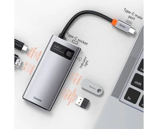 Перехідник HUB Baseus Metal Gleam Series 4-in-1 Type-C (CAHUB-CY) Gray