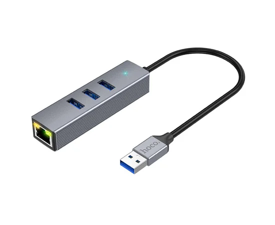 Переходник HUB Hoco HB34 Easy link USB Gigabit Ethernet adapter (USB to USB3.0*3+RJ45) Metal gray