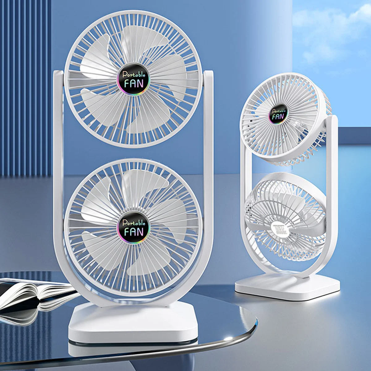 Настольный вентилятор Double head с регулировкой угла наклона 3000 mAh White