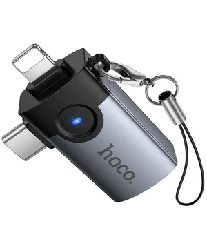 Переходник Hoco UA46D OTG 2in1 Lightning male/Type-C male to USB female Metal gray