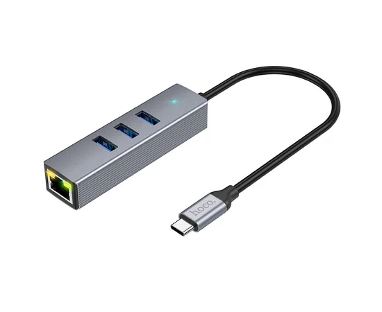 Переходник HUB Hoco HB34 Easy link Type-C Gigabit network adapter (Type-C to USB3.0*3+RJ45) Metal gray