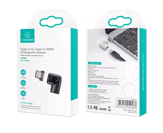 Переходник Usams US-SJ486 AU13 Type-C to Type-C 100W PD Magnetic Черный