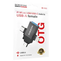 Переходник Borofone BV26D 3in1 Lightning male/Type-C male/Micro male to USB2.0 female Black