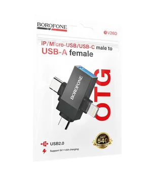 Перехідник Borofone BV26D 3in1 Lightning male/Type-C male/Micro male to USB2.0 female Black