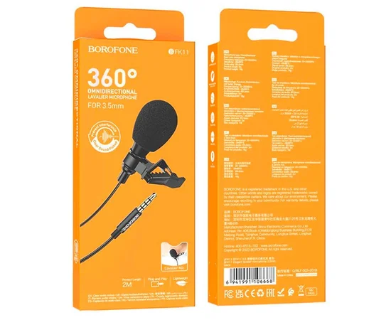 Микрофон петличный Borofone BFK11 Elegant lavalier 3.5mm (2m) Black