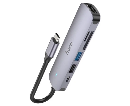Переходник Hoco HB28 Multi-function 6in1 (Type-C to HDTV+USB3.0+USB2.0+SD+TF+PD) Metal gray