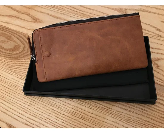 Стильный кожаный клатч Qialino со змейкой 2 отделения (5,5") Светло-коричневый