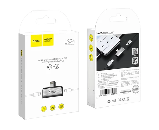 Переходник Hoco LS24 Lightning to lightning audio/lightning Стальной