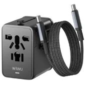 Сетевой универсальный переходник WIWU UA013 20W GaN + 1USB-A/2C with retractable cable Type-C Black