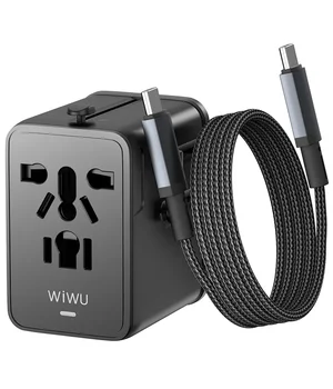 Сетевой универсальный переходник WIWU UA013 20W GaN + 1USB-A/2C with retractable cable Type-C Black