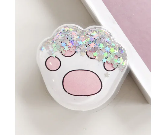 Держатель для телефона круглый (liquid shine) Лапа белая / розовая