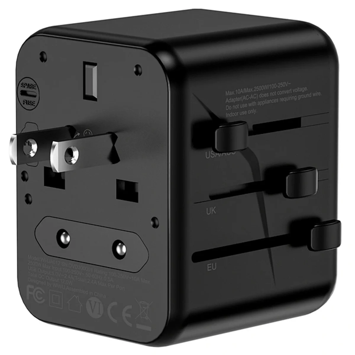 Сетевой универсальный переходник WIWU UA012 Warrior 12W + 1USB-A/1C Black