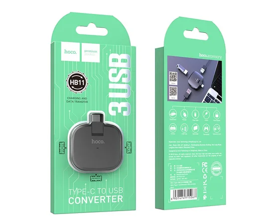 Переходник HUB Hoco HB11 Type-C to 3 USB Черный