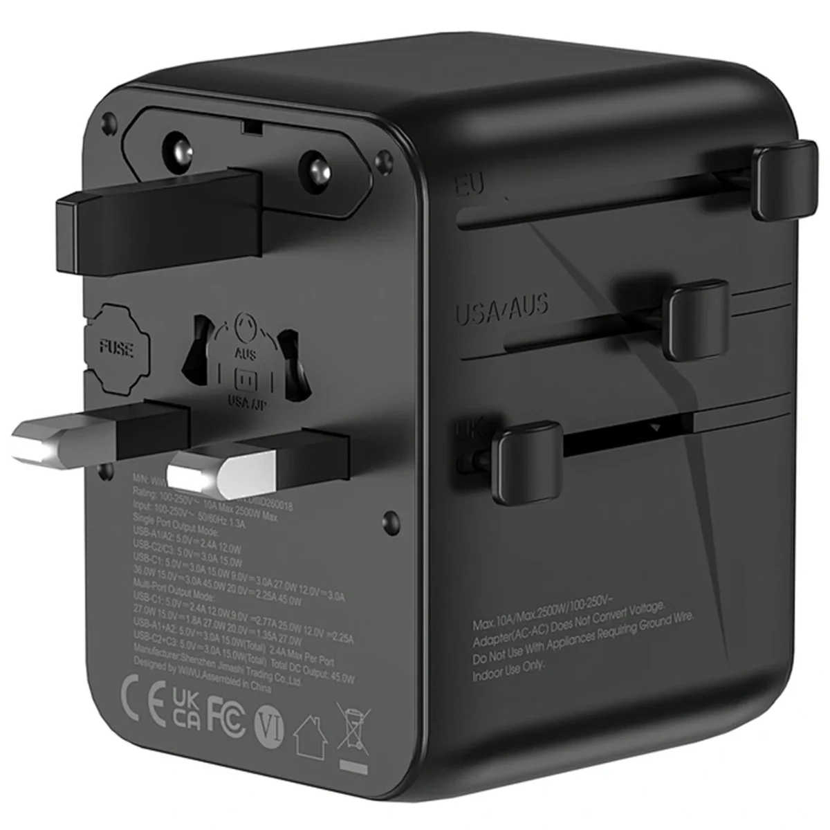 Сетевой универсальный переходник WIWU UA010 Warrior GaN 45W + 2USB-A/3C Black