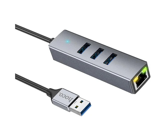 Переходник HUB Hoco HB34 Easy link USB Gigabit Ethernet adapter (USB to USB3.0*3+RJ45) Metal gray