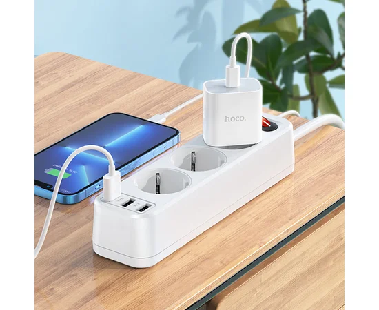 Удлинитель Hoco NS2 (3USB/3xSocket) Белый