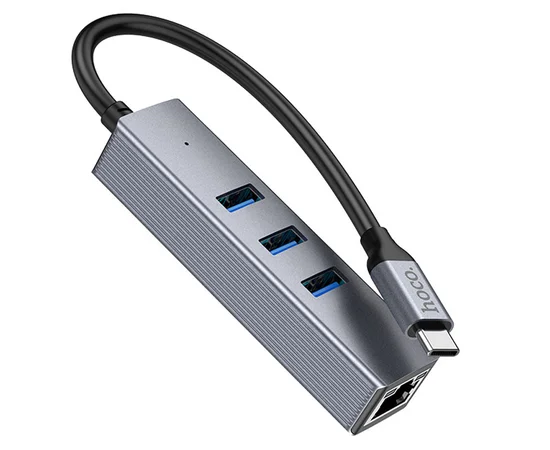 Переходник HUB Hoco HB34 Easy link Type-C Gigabit network adapter (Type-C to USB3.0*3+RJ45) Metal gray