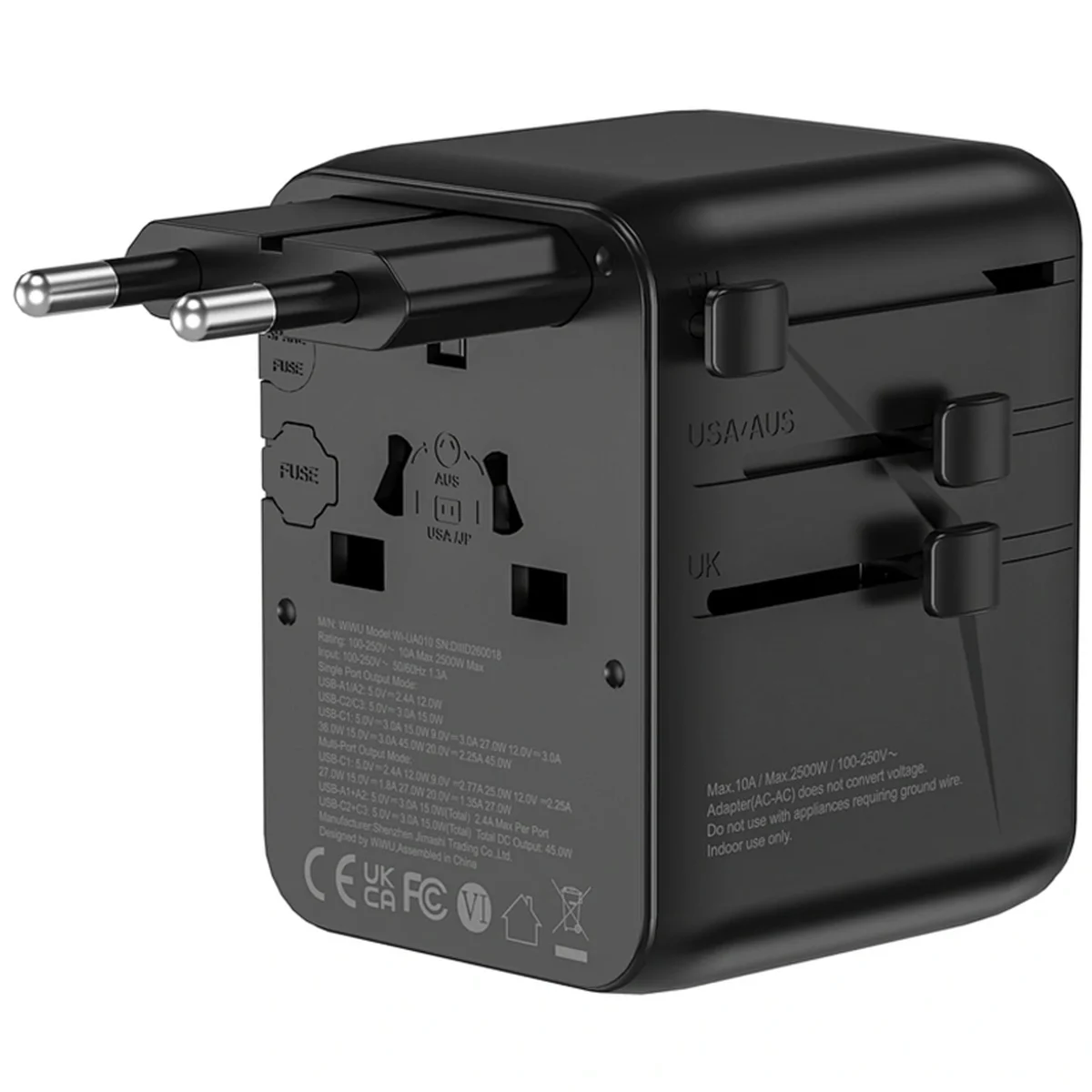 Сетевой универсальный переходник WIWU UA010 Warrior GaN 45W + 2USB-A/3C Black