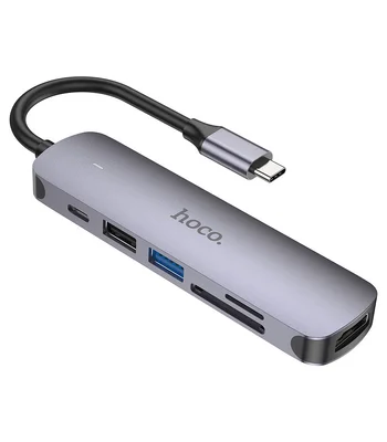 Переходник Hoco HB28 Multi-function 6in1 (Type-C to HDTV+USB3.0+USB2.0+SD+TF+PD) Metal gray