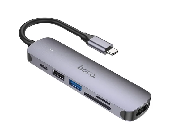 Переходник Hoco HB28 Multi-function 6in1 (Type-C to HDTV+USB3.0+USB2.0+SD+TF+PD) Metal gray