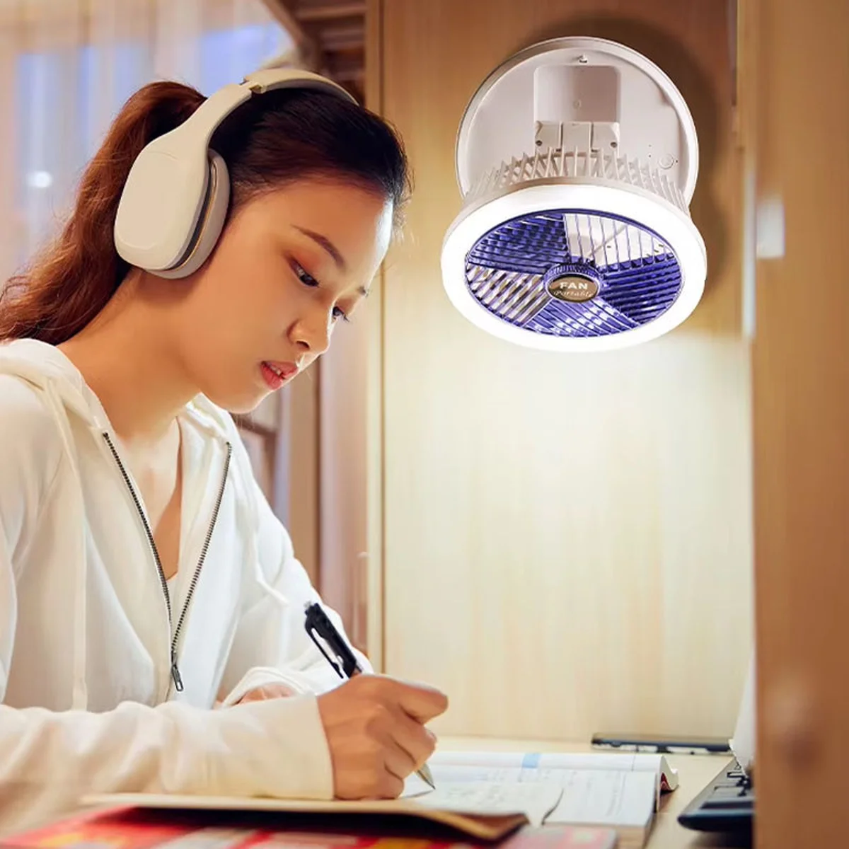 Настольный складной вентилятор Folding Fan 2in1 with Night Light White