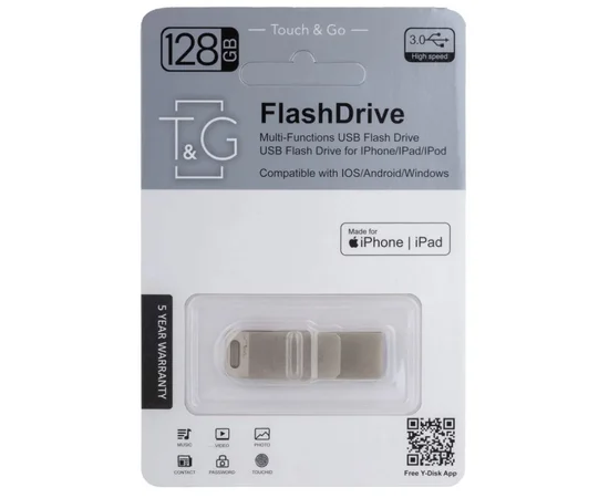 Флеш-драйв T&G 008 Metal series USB 3.0 - Lightning 128GB Срібний