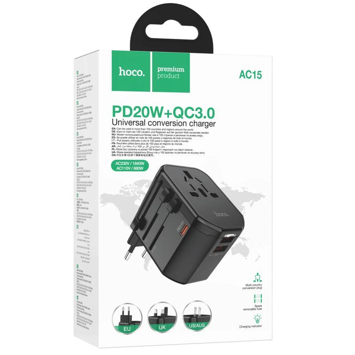 Мережевий універсальний перехідник Hoco AC15 Walker PD20W+QC3.0 (2USB-A/1C) (EU) Black
