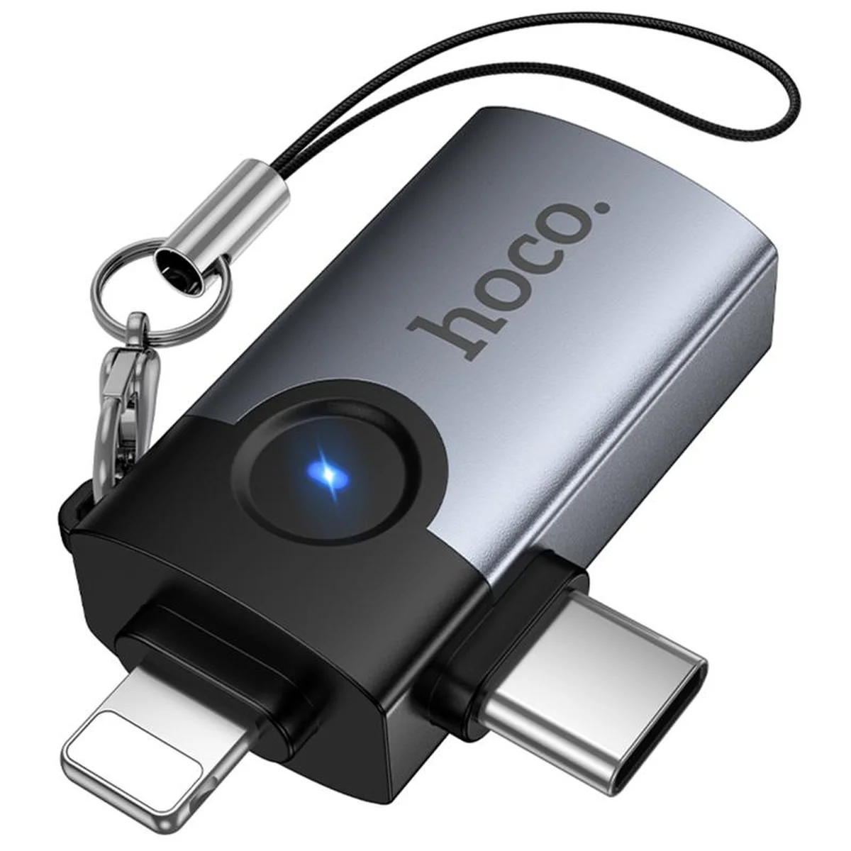 Переходник Hoco UA46D OTG 2in1 Lightning male/Type-C male to USB female Metal gray