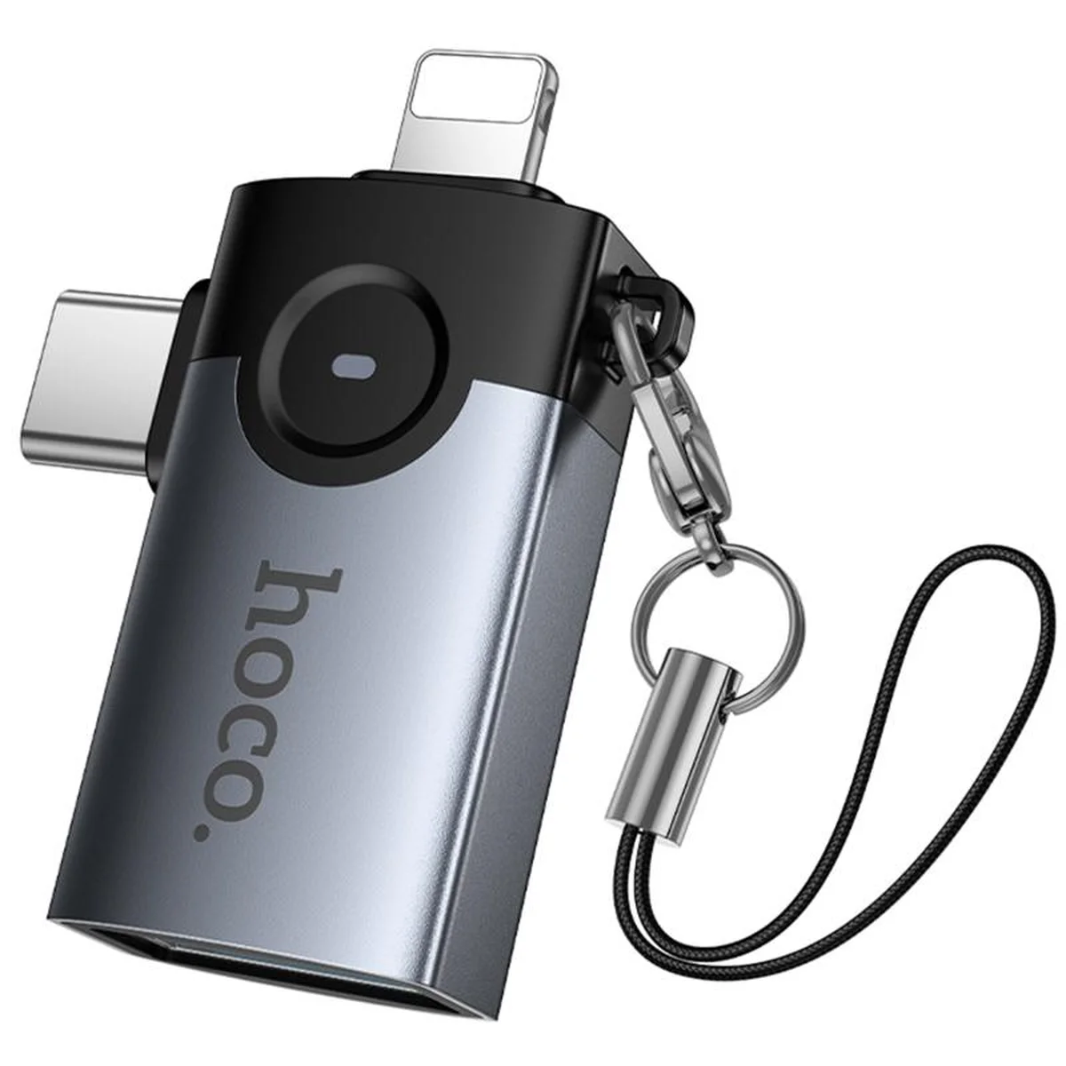 Переходник Hoco UA46D OTG 2in1 Lightning male/Type-C male to USB female Metal gray