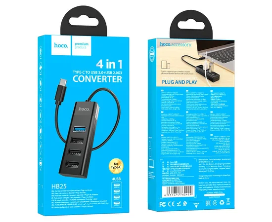 Перехідник Hoco HB25 Easy mix 4in1 (Type-C to USB3.0+USB2.0*3) Чорний