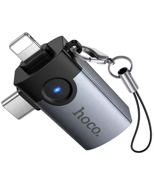 Переходник Hoco UA46D OTG 2in1 Lightning male/Type-C male to USB female Metal gray