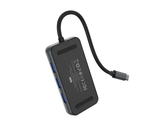 Переходник HUB Hoco HB16 Type-C to USB3.0*3+HDMI+PD+RJ45 Серый