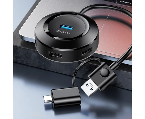 Адаптер USAMS US-SJ416 4 USB HUB Smart Adapter USB3.0+Type-C3.0 Черный