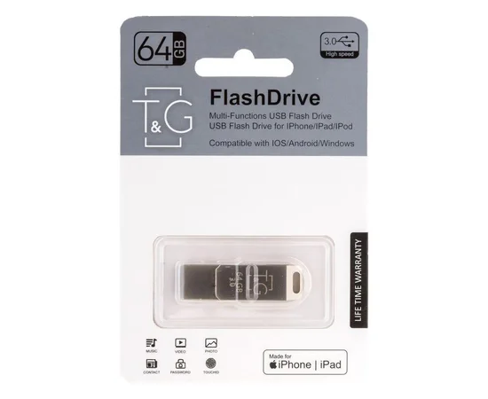 Флеш-драйв T&G 008 Metal series USB 3.0 - Lightning 64GB Срібний