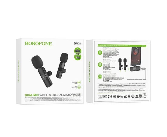Бездротовий петличний мікрофон Borofone BFK15 Dual-mic lavalier Lightning/Type-C Black