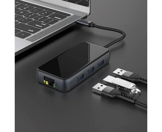 Переходник HUB Hoco HB16 Type-C to USB3.0*3+HDMI+PD+RJ45 Серый