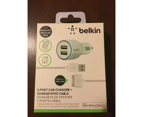 Автомобільна зарядка АЗУ "Belkin" 2A біла на 2 USB + Кабель 30-pinдля iPhone