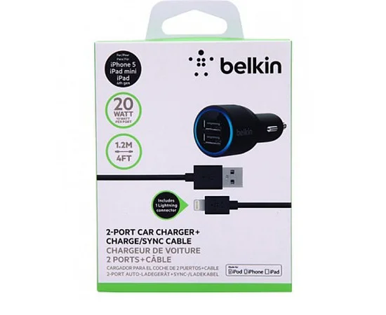 Автомобильная зарядка АЗУ "Belkin" 2A черная на 2 USB + Lightning кабель
