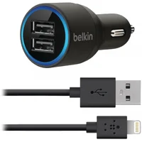 Автомобильная зарядка АЗУ "Belkin" 2A черная на 2 USB + Lightning кабель