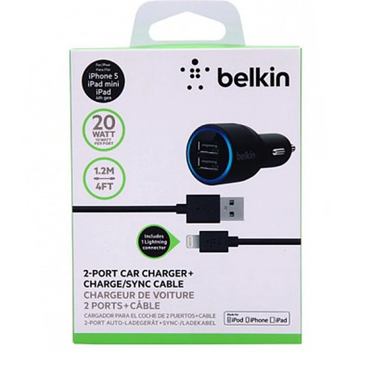 Автомобильная зарядка АЗУ "Belkin" 2A черная на 2 USB + Lightning кабель