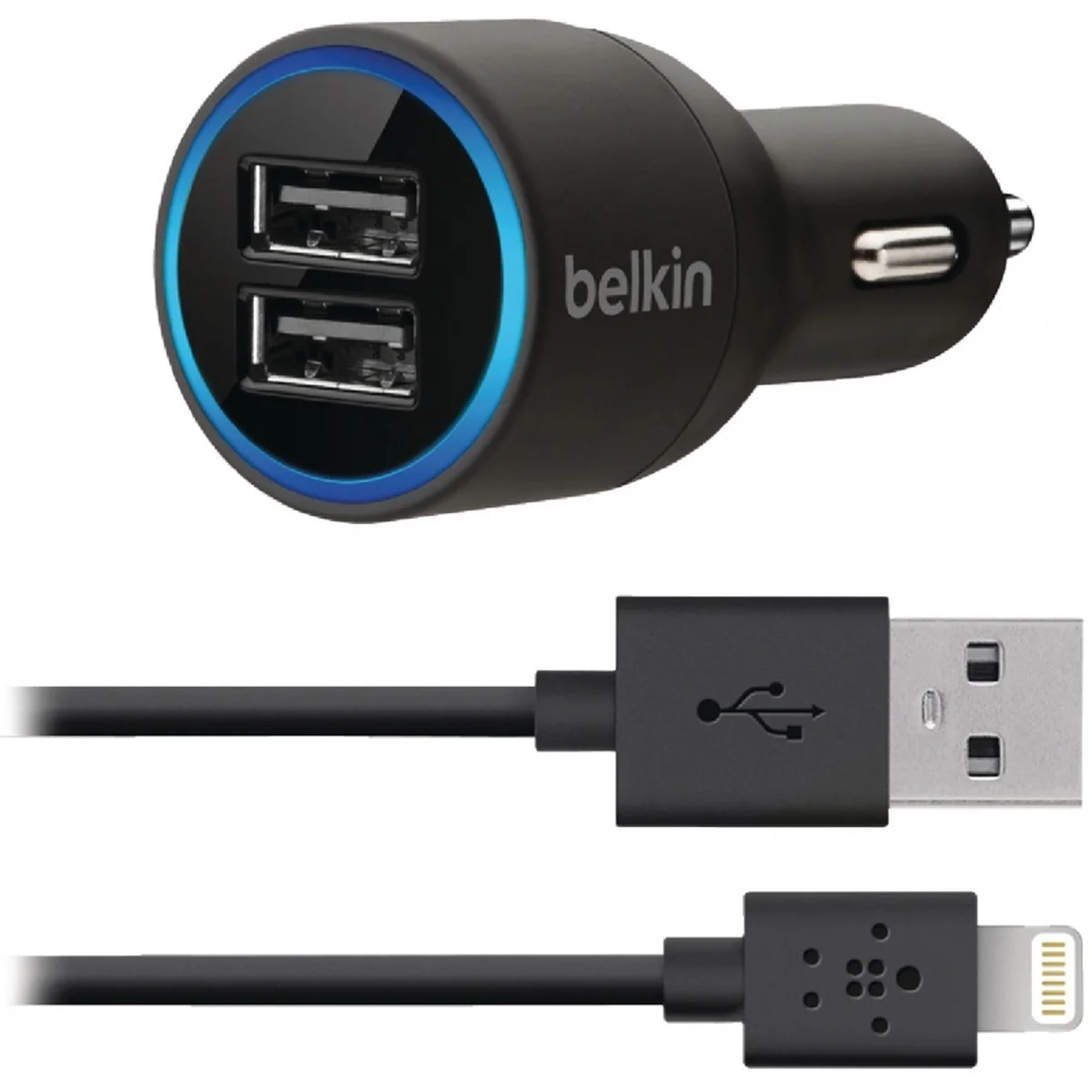 Автомобильная зарядка АЗУ "Belkin" 2A черная на 2 USB + Lightning кабель