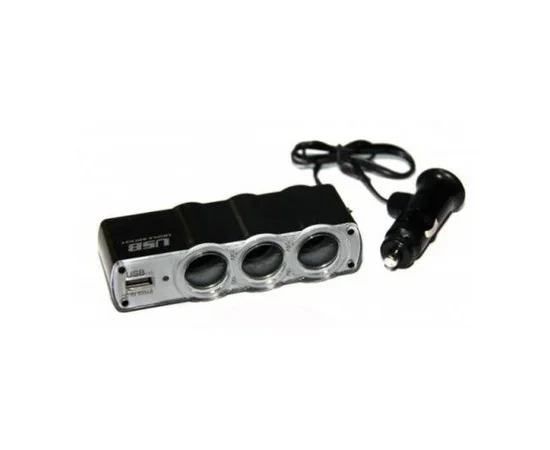 АЗУ тройник + USB 1A черный