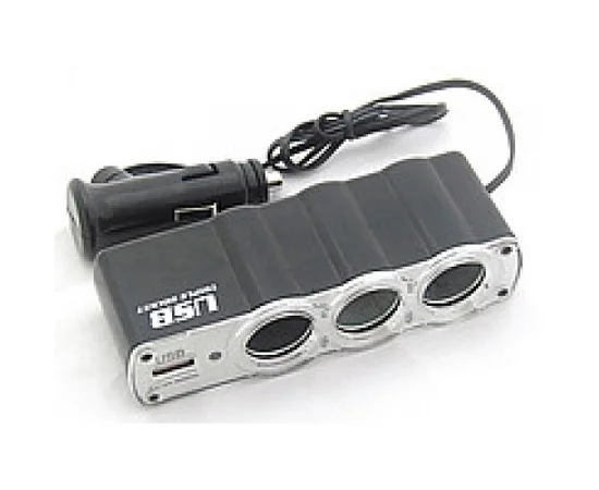 АЗУ тройник + USB 1A черный