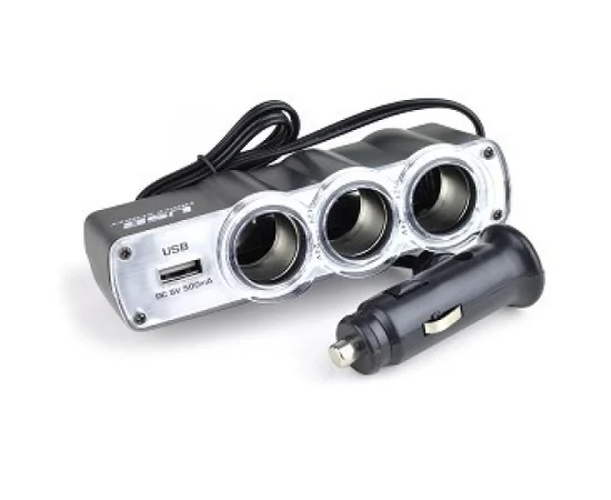 АЗУ тройник + USB 1A черный